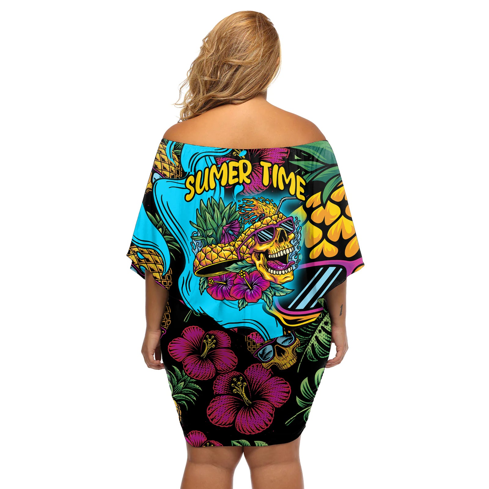 Pineapple Skull Off Shoulder Short Dress Sumer Time TS04 Women Multicolor - Polynesian Pride