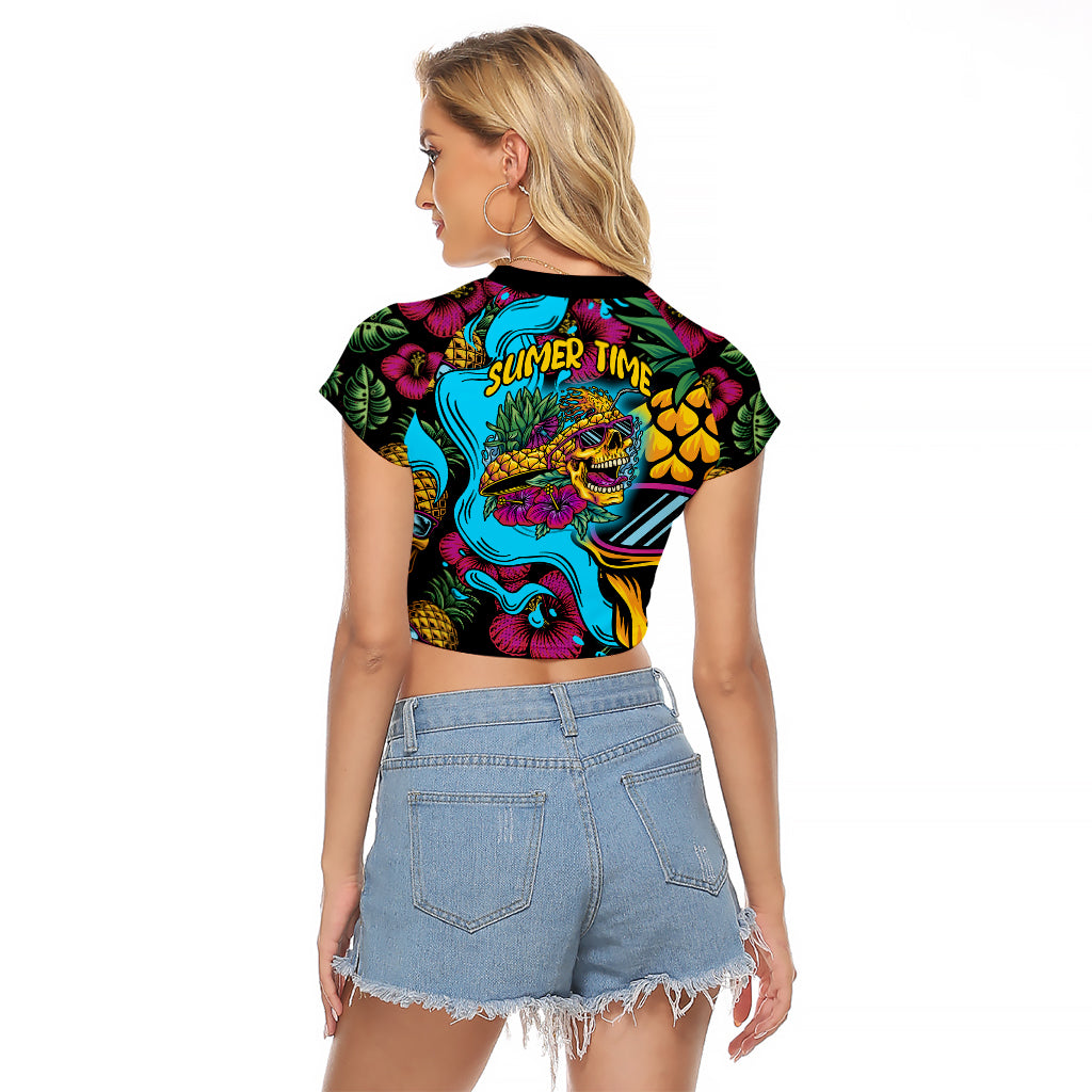 Pineapple Skull Raglan Cropped T Shirt Sumer Time TS04 Female Multicolor - Polynesian Pride
