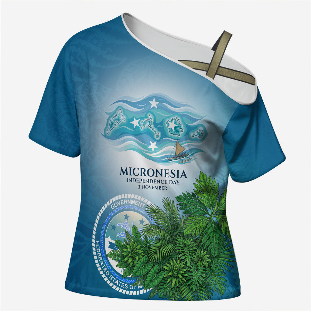 Micronesia Independence Day Cross Shoulder Shirt FSM Patriotic Pacific Island Nan Madol Ruins Seabird Tropical