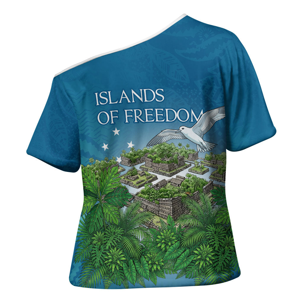Micronesia Independence Day Cross Shoulder Shirt FSM Patriotic Pacific Island Nan Madol Ruins Seabird Tropical