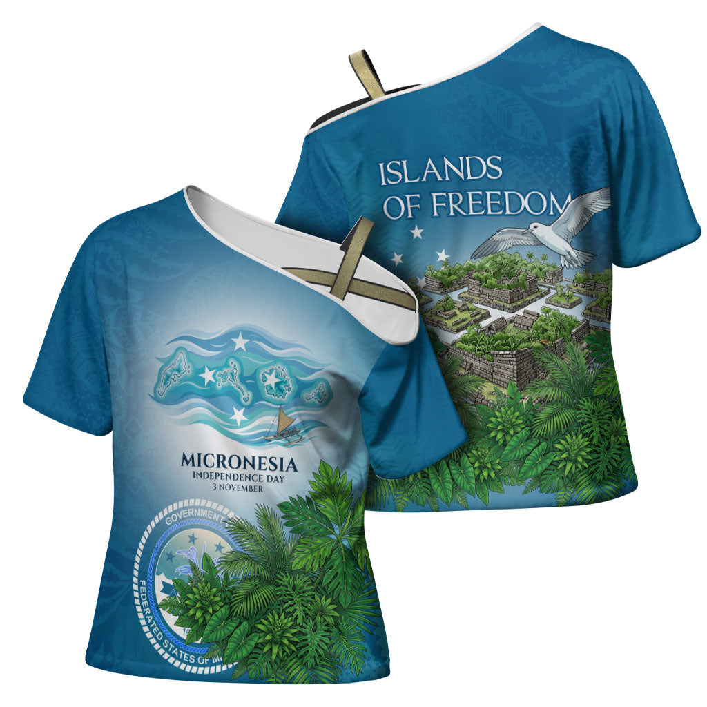 Micronesia Independence Day Cross Shoulder Shirt FSM Patriotic Pacific Island Nan Madol Ruins Seabird Tropical