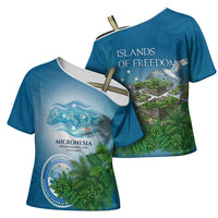 Micronesia Independence Day Cross Shoulder Shirt FSM Patriotic Pacific Island Nan Madol Ruins Seabird Tropical