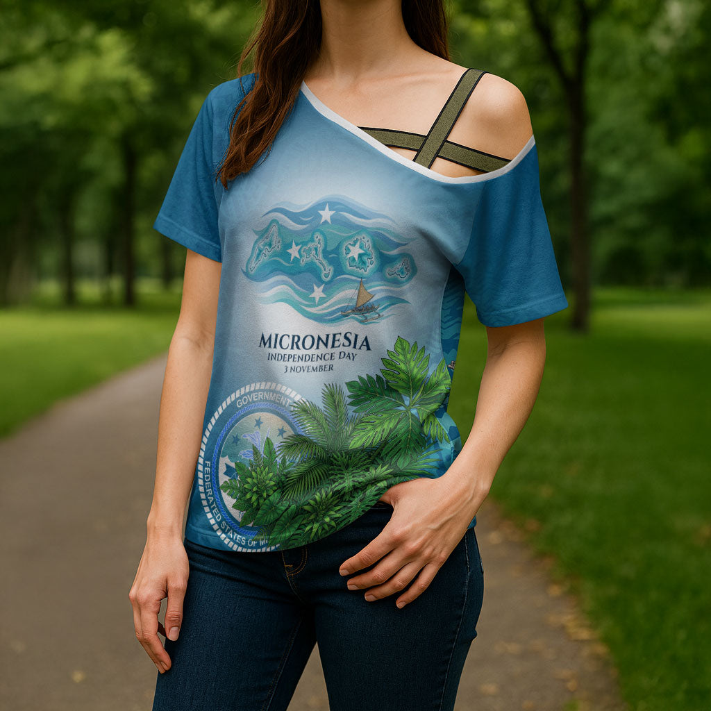 Micronesia Independence Day Cross Shoulder Shirt FSM Patriotic Pacific Island Nan Madol Ruins Seabird Tropical