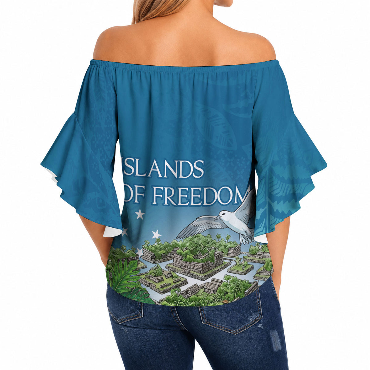 Micronesia Independence Day Off Shoulder Wrap Waist Top FSM Patriotic Pacific Island Nan Madol Ruins Seabird Tropical
