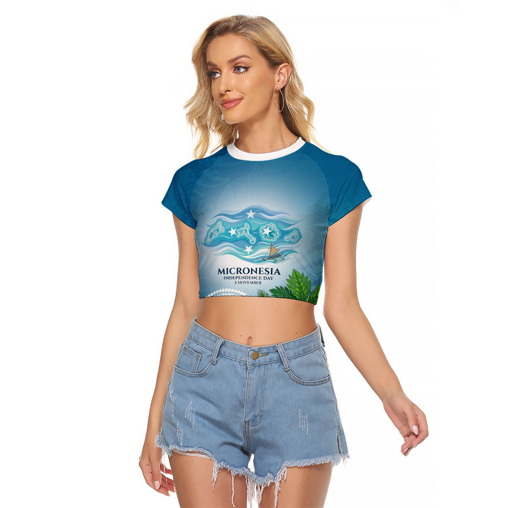 Micronesia Independence Day Raglan Cropped T Shirt FSM Patriotic Pacific Island Nan Madol Ruins Seabird Tropical