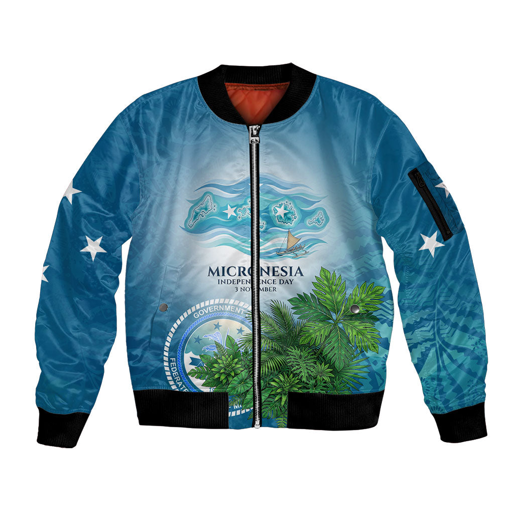 Micronesia Independence Day Sleeve Zip Bomber Jacket FSM Patriotic Pacific Island Nan Madol Ruins Seabird Tropical