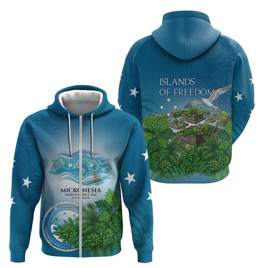 Micronesia Independence Day Zip Hoodie FSM Patriotic Pacific Island Nan Madol Ruins Seabird Tropical