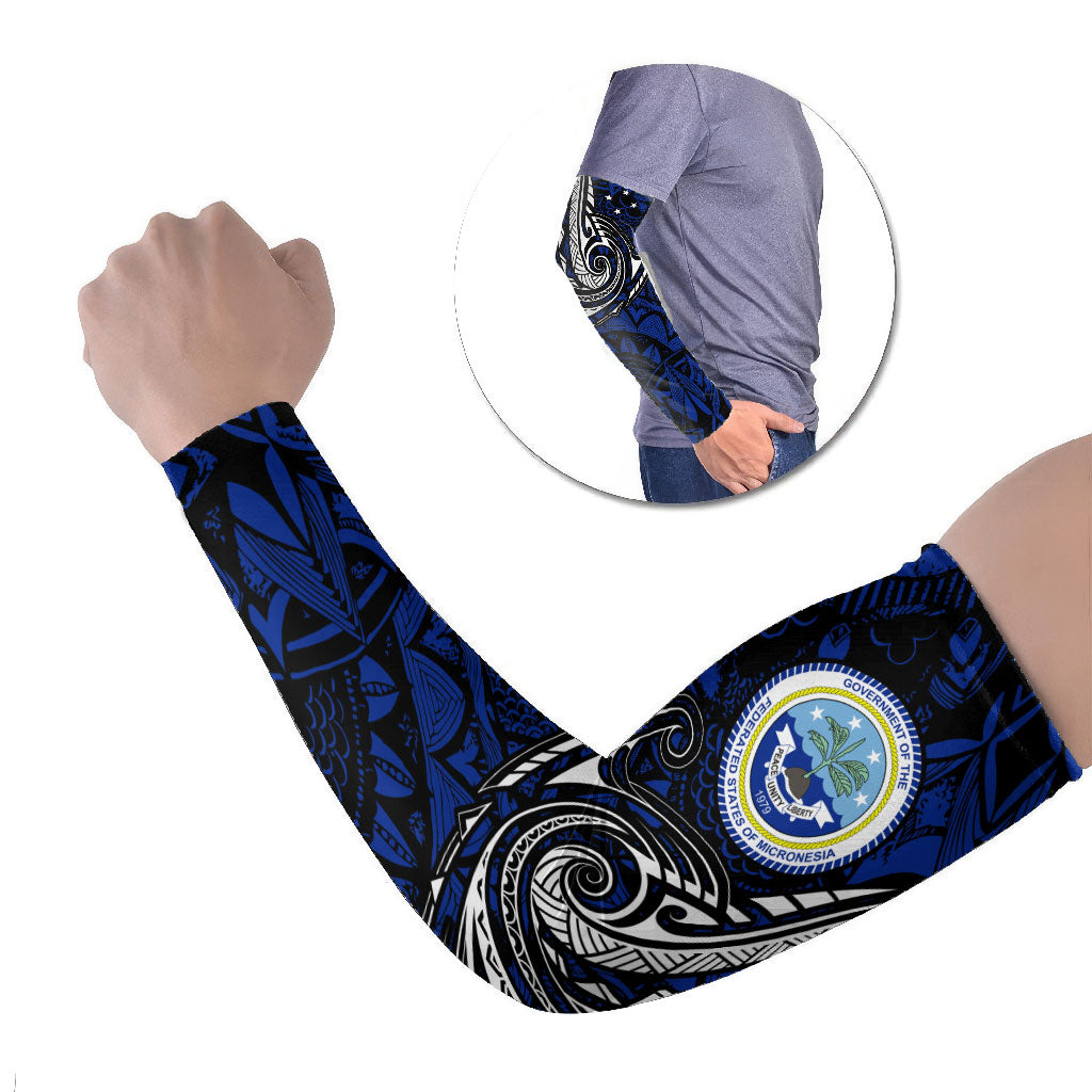 Micronesia Independence Day FSM Arm Sleeves Tribal Tattoo Pattern Flag Seal Heritage TS04 Set of 2 Blue Black - Polynesian Pride