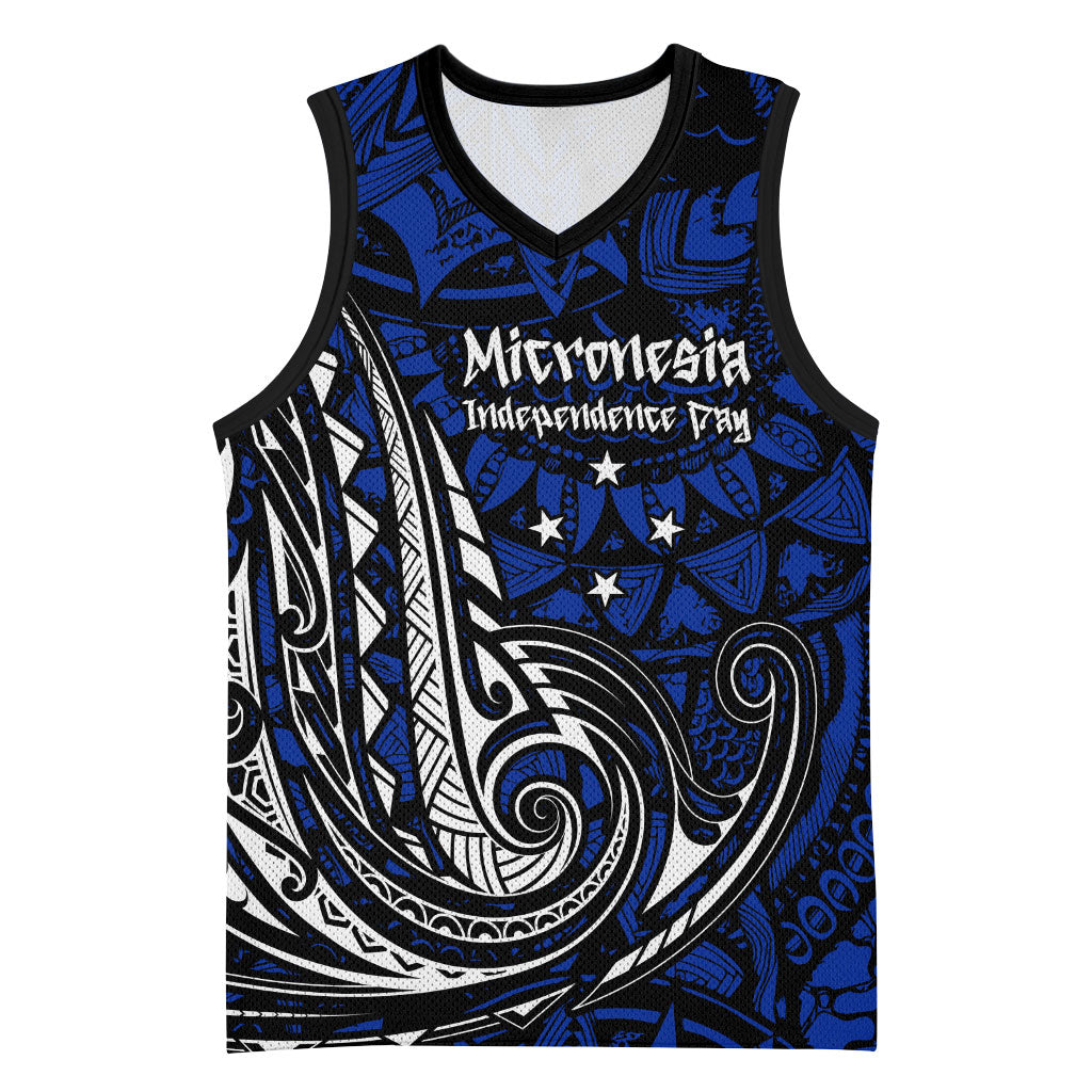 Micronesia Independence Day FSM Basketball Jersey Tribal Tattoo Pattern Flag Seal Heritage TS04 Unisex Blue Black - Polynesian Pride