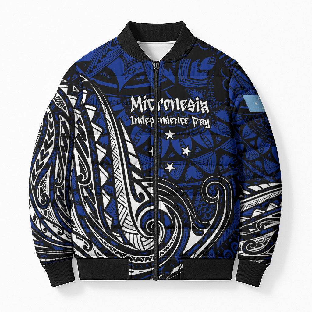 Micronesia Independence Day FSM Bomber Puffer Jacket Tribal Tattoo Pattern Flag Seal Heritage