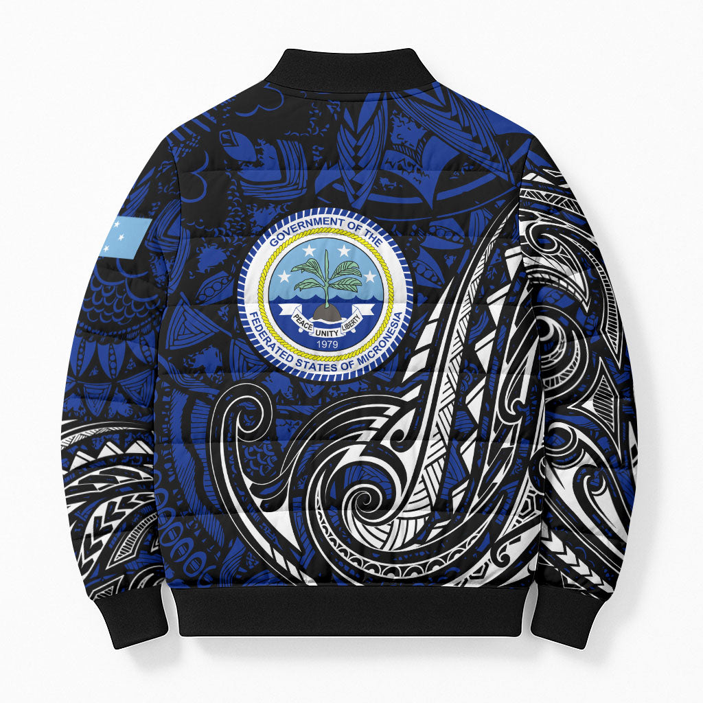 Micronesia Independence Day FSM Bomber Puffer Jacket Tribal Tattoo Pattern Flag Seal Heritage
