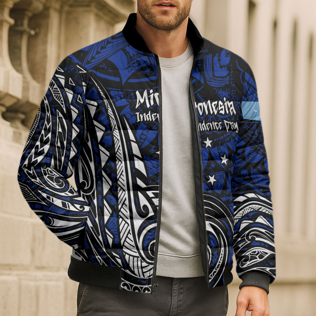 Micronesia Independence Day FSM Bomber Puffer Jacket Tribal Tattoo Pattern Flag Seal Heritage