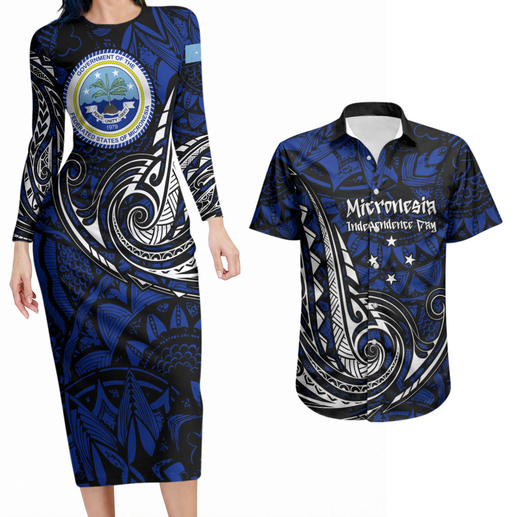 Micronesia Independence Day FSM Couples Matching Long Sleeve Bodycon Dress and Hawaiian Shirt Tribal Tattoo Pattern Flag Seal Heritage