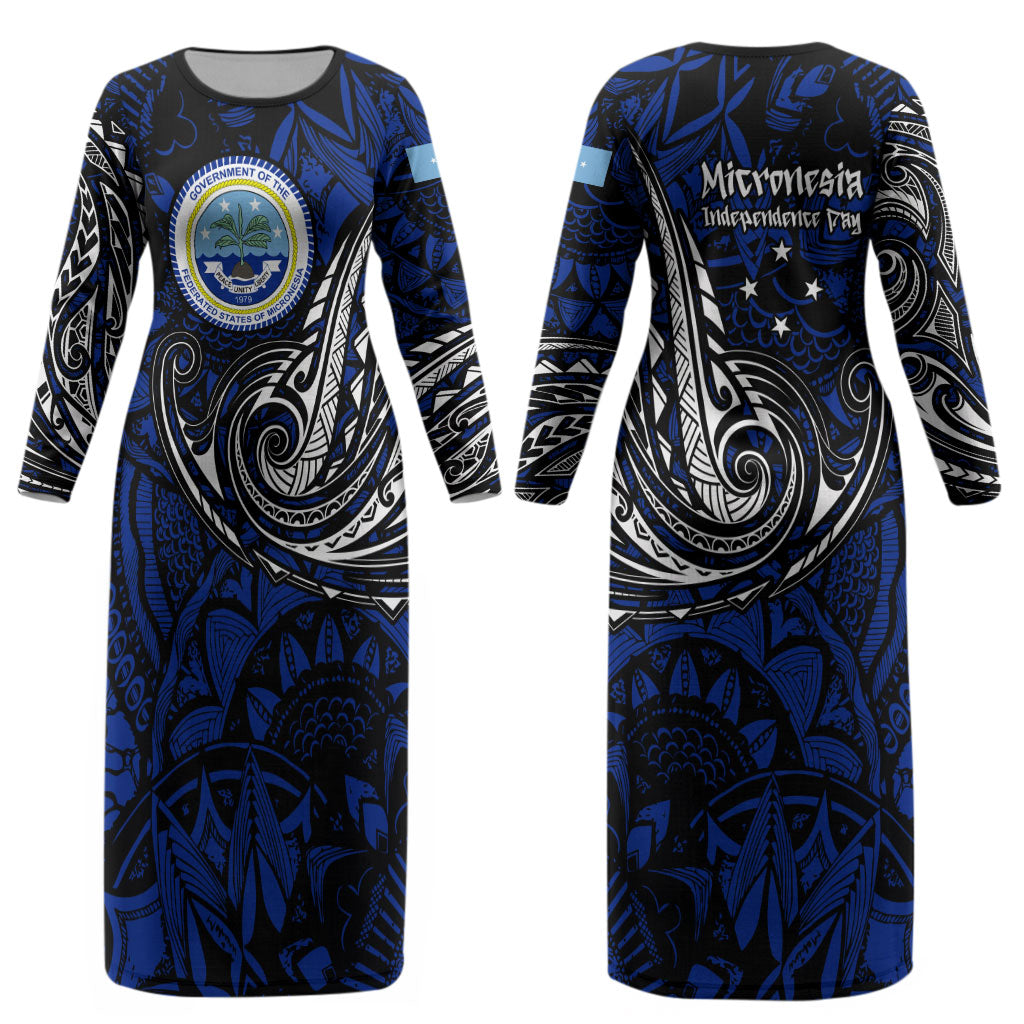 Micronesia Independence Day FSM Couples Matching Long Sleeve Bodycon Dress and Hawaiian Shirt Tribal Tattoo Pattern Flag Seal Heritage