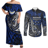 Micronesia Independence Day FSM Couples Matching Off Shoulder Maxi Dress and Long Sleeve Button Shirt Tribal Tattoo Pattern Flag Seal Heritage