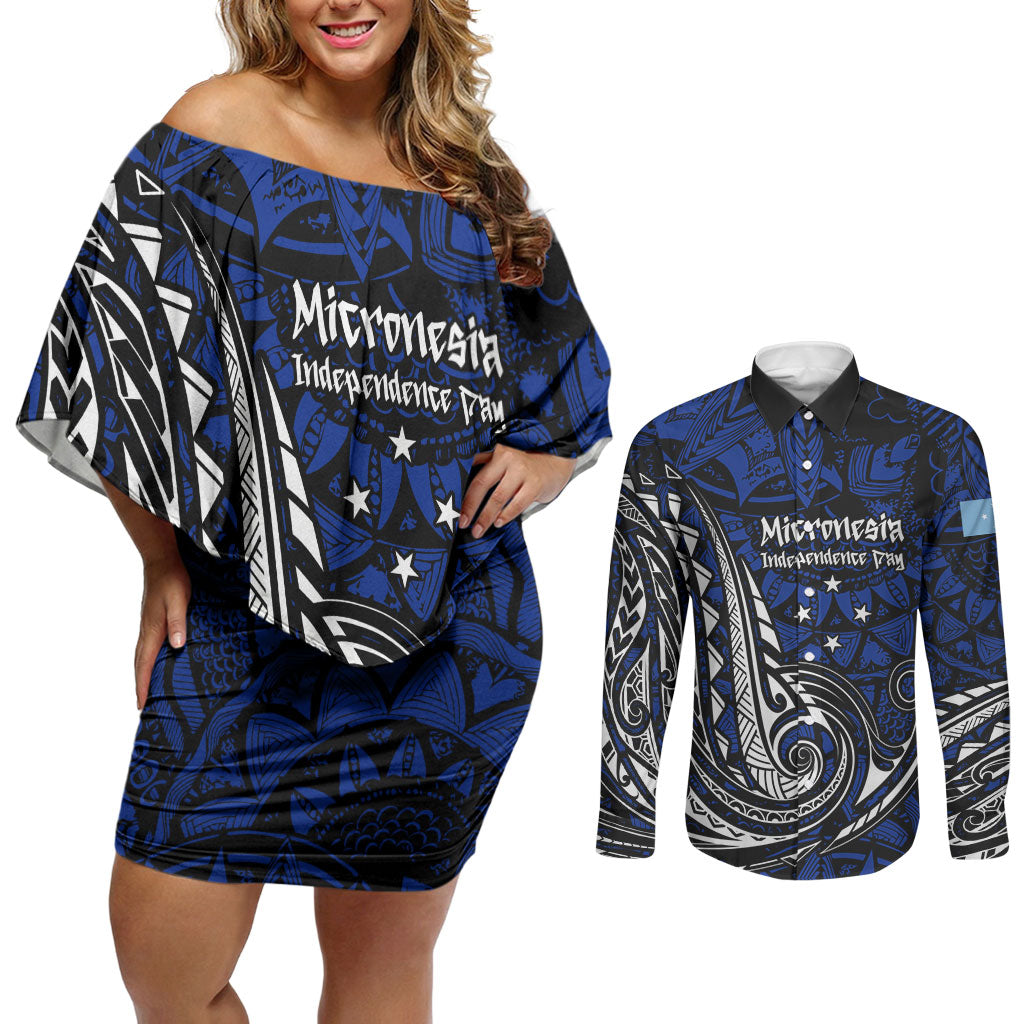 Micronesia Independence Day FSM Couples Matching Off Shoulder Short Dress and Long Sleeve Button Shirt Tribal Tattoo Pattern Flag Seal Heritage