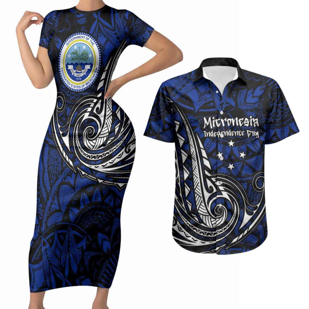 Micronesia Independence Day FSM Couples Matching Short Sleeve Bodycon Dress and Hawaiian Shirt Tribal Tattoo Pattern Flag Seal Heritage