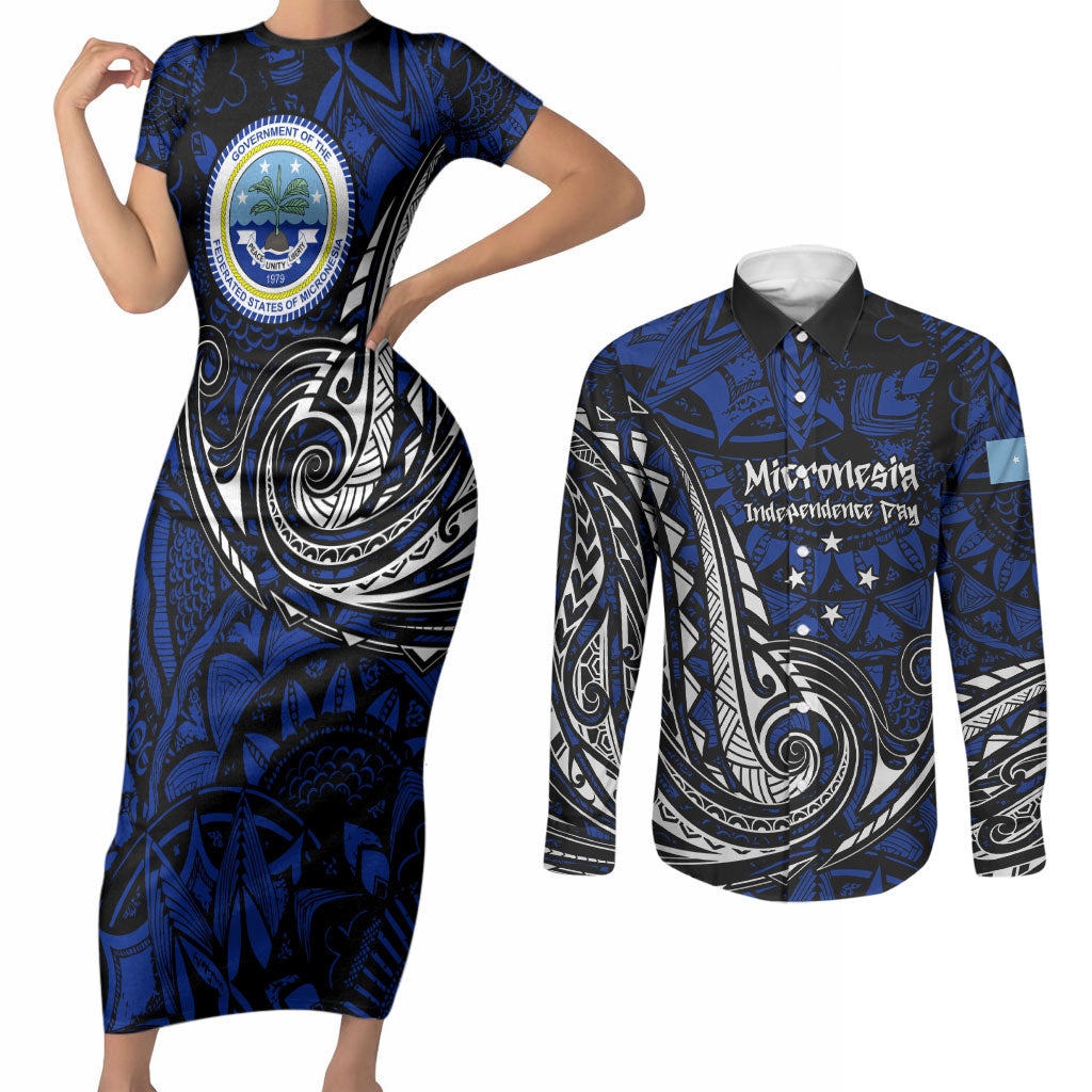 Micronesia Independence Day FSM Couples Matching Short Sleeve Bodycon Dress and Long Sleeve Button Shirt Tribal Tattoo Pattern Flag Seal Heritage