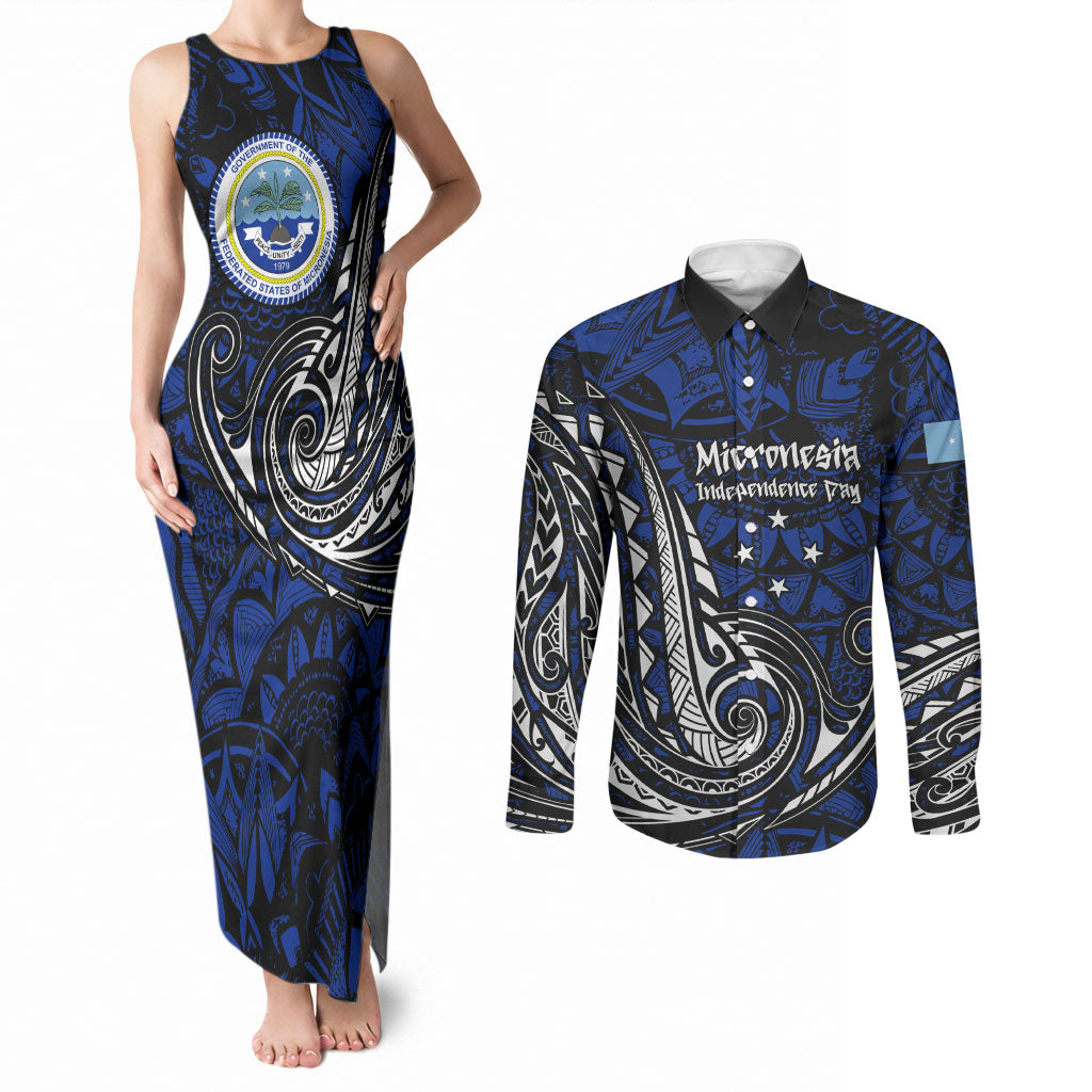 Micronesia Independence Day FSM Couples Matching Tank Maxi Dress and Long Sleeve Button Shirt Tribal Tattoo Pattern Flag Seal Heritage