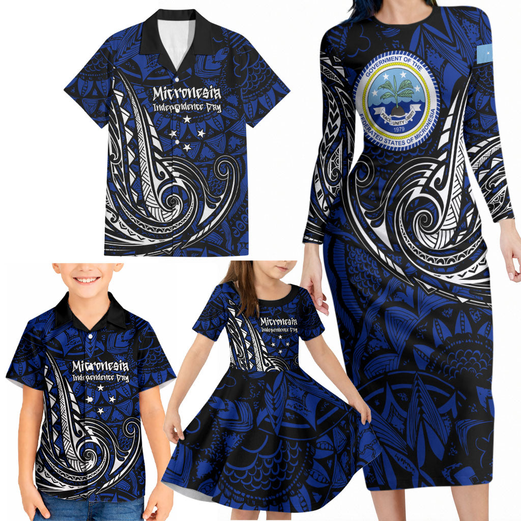 Micronesia Independence Day FSM Family Matching Long Sleeve Bodycon Dress and Hawaiian Shirt Tribal Tattoo Pattern Flag Seal Heritage