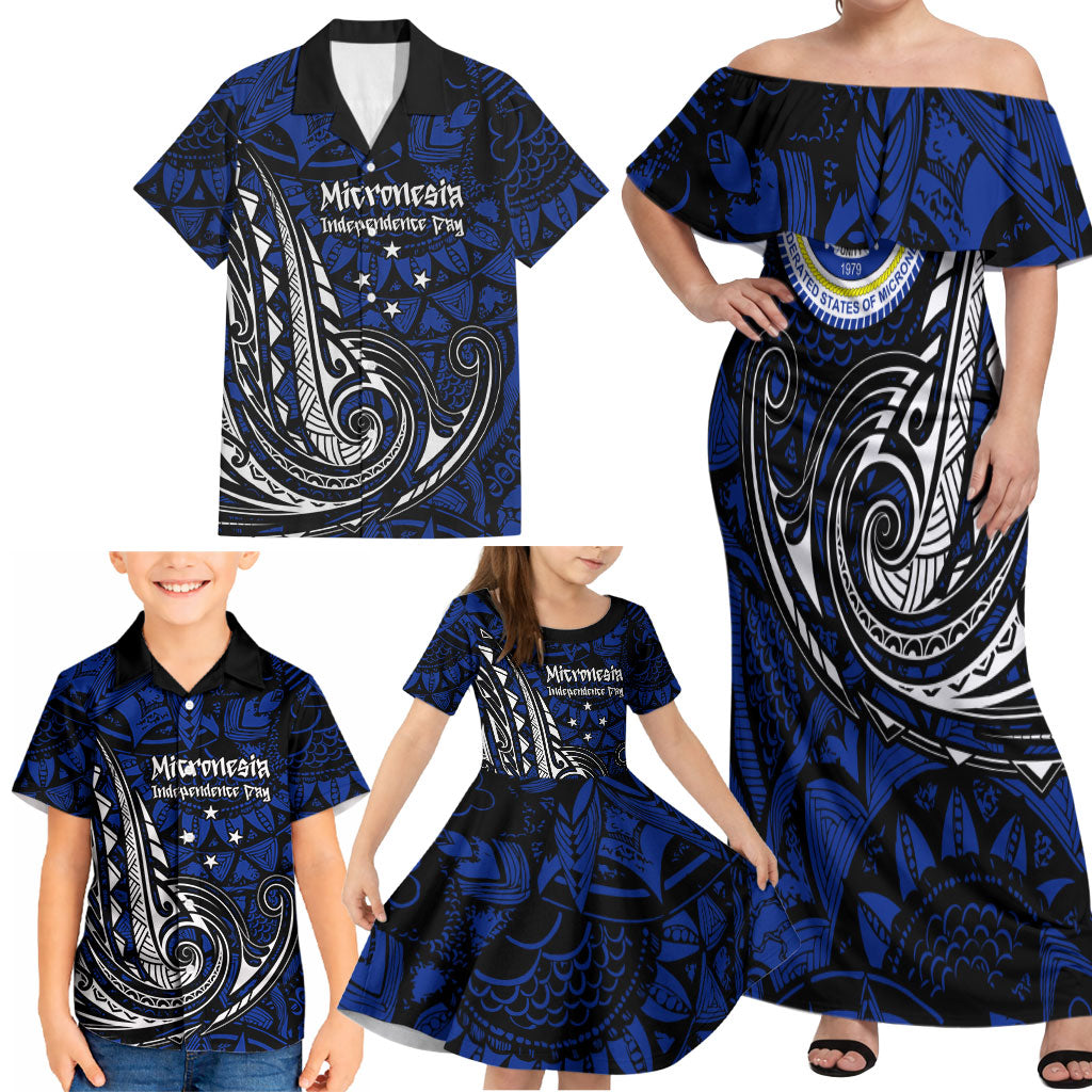 Micronesia Independence Day FSM Family Matching Off Shoulder Maxi Dress and Hawaiian Shirt Tribal Tattoo Pattern Flag Seal Heritage