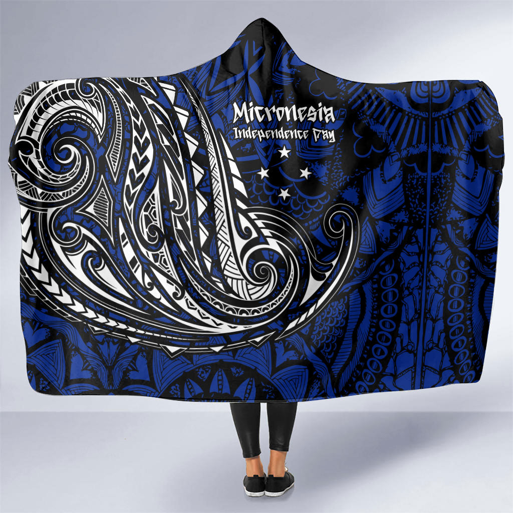 Micronesia Independence Day FSM Hooded Blanket Tribal Tattoo Pattern Flag Seal Heritage TS04 One Size Blue Black - Polynesian Pride