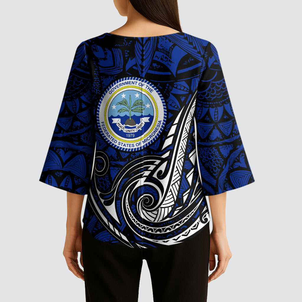 Micronesia Independence Day FSM Kimono Sleeve Blouse Tribal Tattoo Pattern Flag Seal Heritage