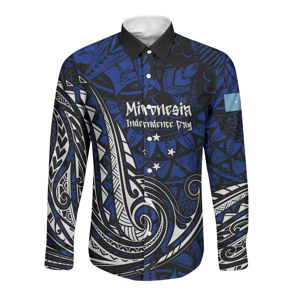 Micronesia Independence Day FSM Long Sleeve Button Shirt Tribal Tattoo Pattern Flag Seal Heritage