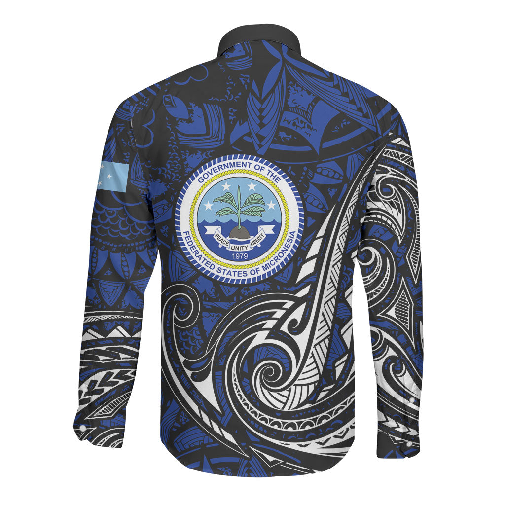 Micronesia Independence Day FSM Long Sleeve Button Shirt Tribal Tattoo Pattern Flag Seal Heritage TS04 - Polynesian Pride