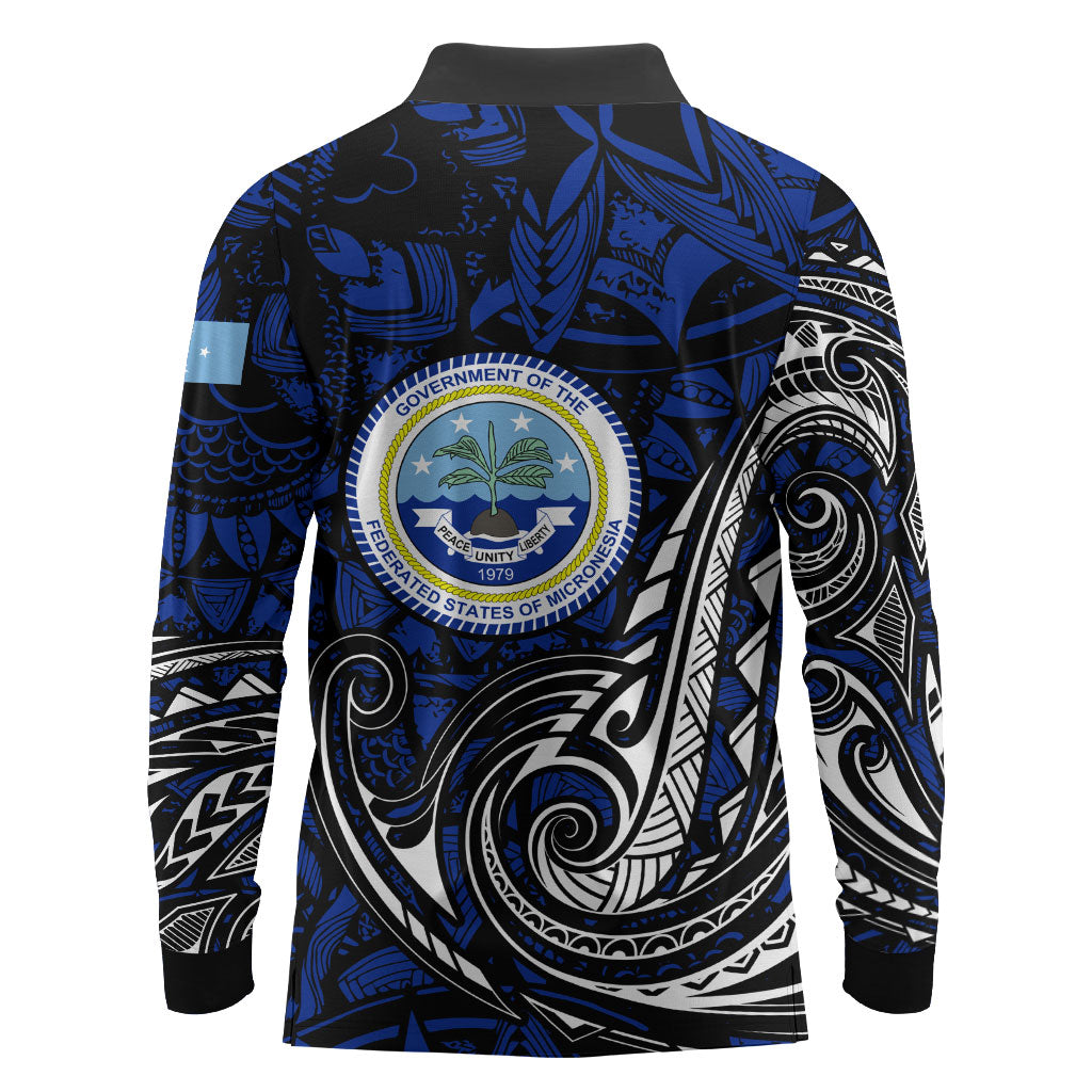 Micronesia Independence Day FSM Long Sleeve Polo Shirt Tribal Tattoo Pattern Flag Seal Heritage
