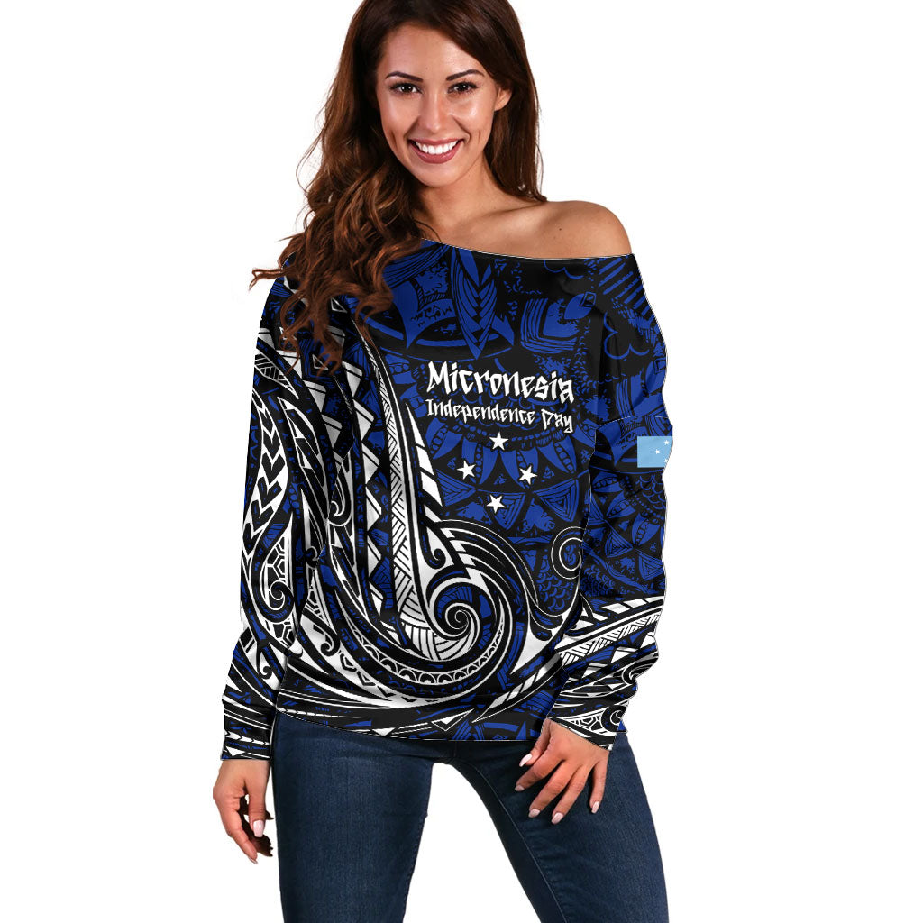 Micronesia Independence Day FSM Off Shoulder Sweater Tribal Tattoo Pattern Flag Seal Heritage