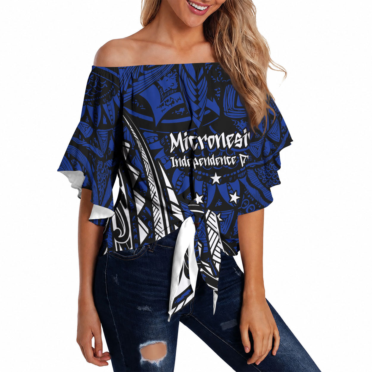 Micronesia Independence Day FSM Off Shoulder Wrap Waist Top Tribal Tattoo Pattern Flag Seal Heritage