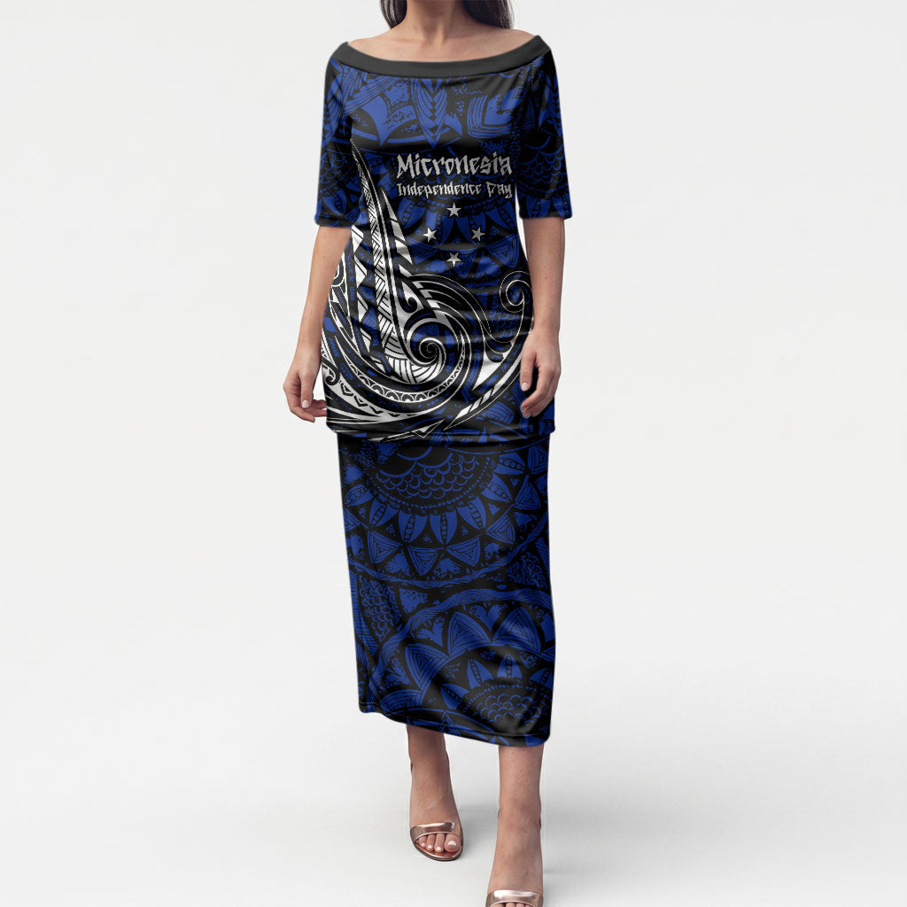 Micronesia Independence Day FSM Puletasi Tribal Tattoo Pattern Flag Seal Heritage TS04 Long Dress Blue Black - Polynesian Pride