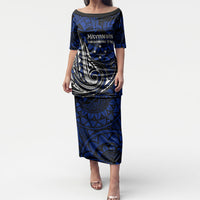 Micronesia Independence Day FSM Puletasi Tribal Tattoo Pattern Flag Seal Heritage TS04 Long Dress Blue Black - Polynesian Pride