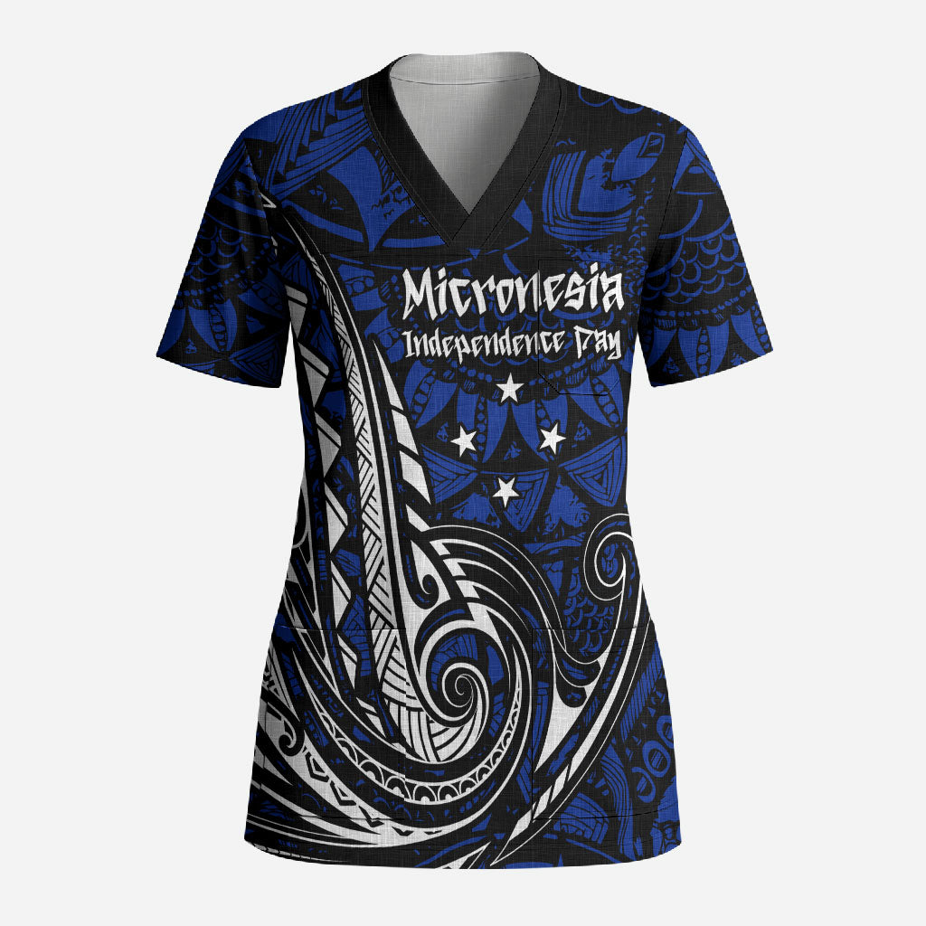 Micronesia Independence Day FSM Scrub Top Tribal Tattoo Pattern Flag Seal Heritage