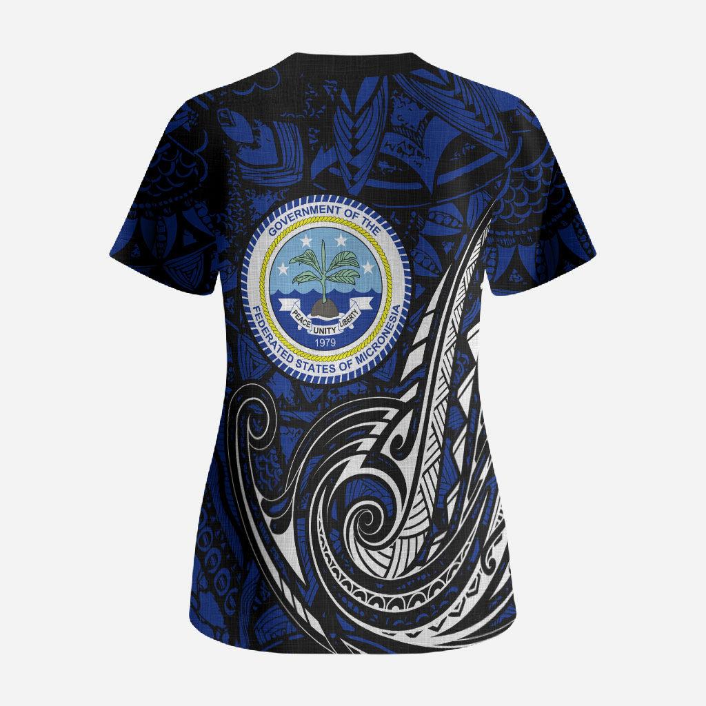 Micronesia Independence Day FSM Scrub Top Tribal Tattoo Pattern Flag Seal Heritage