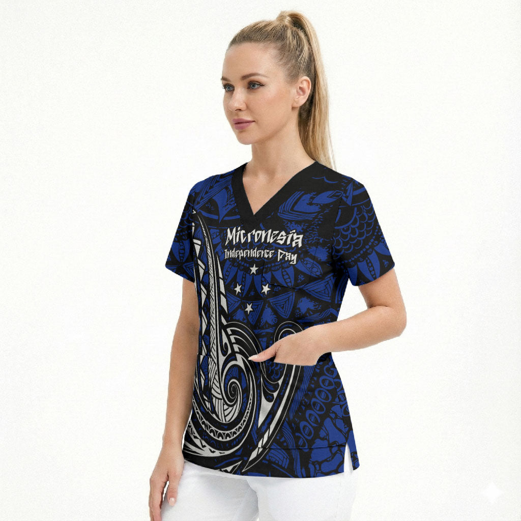 Micronesia Independence Day FSM Scrub Top Tribal Tattoo Pattern Flag Seal Heritage