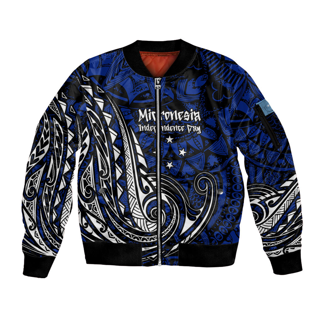 Micronesia Independence Day FSM Sleeve Zip Bomber Jacket Tribal Tattoo Pattern Flag Seal Heritage TS04 Unisex Blue Black - Polynesian Pride