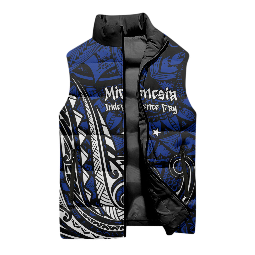 Micronesia Independence Day FSM Sleeveless Puffer Jacket Tribal Tattoo Pattern Flag Seal Heritage