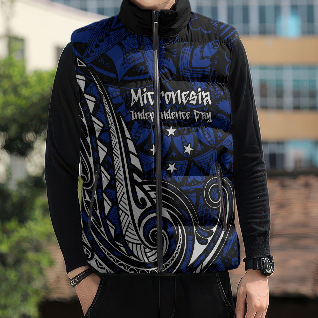 Micronesia Independence Day FSM Sleeveless Puffer Jacket Tribal Tattoo Pattern Flag Seal Heritage