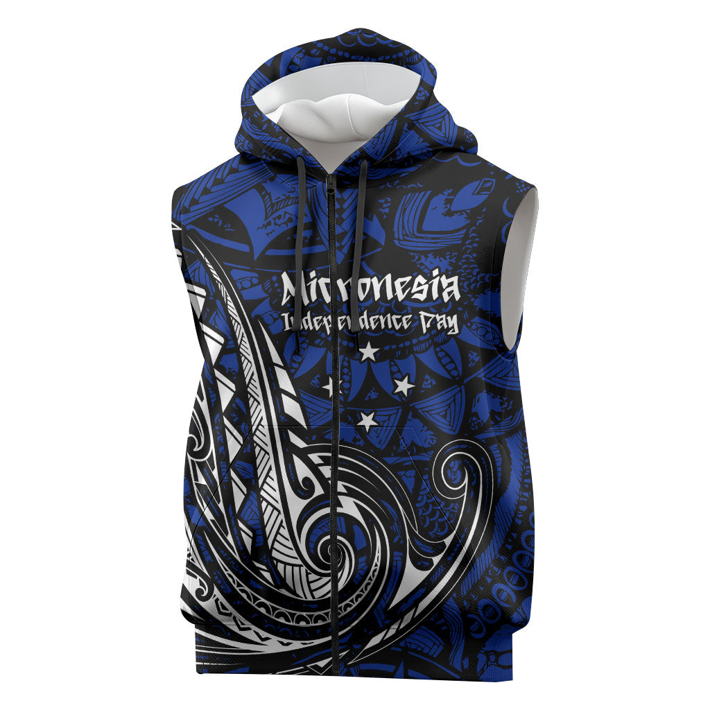 Micronesia Independence Day FSM Sleeveless Zip Hoodie Tribal Tattoo Pattern Flag Seal Heritage