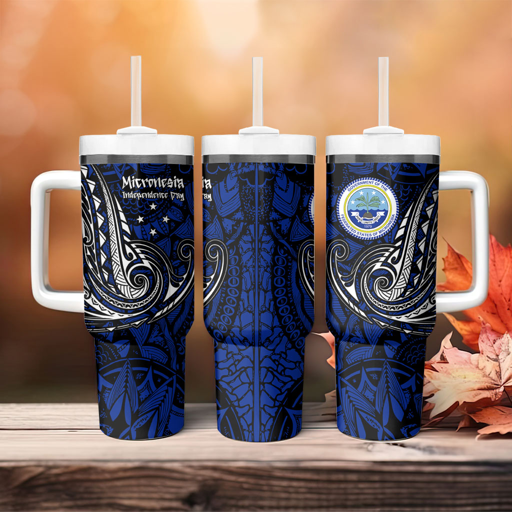 Micronesia Independence Day FSM Tumbler With Handle Tribal Tattoo Pattern Flag Seal Heritage