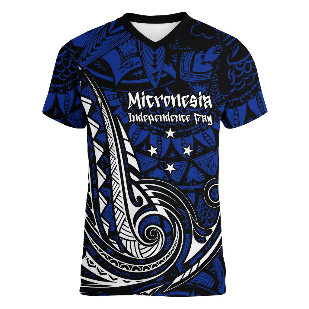 Micronesia Independence Day FSM Women V-Neck T-Shirt Tribal Tattoo Pattern Flag Seal Heritage