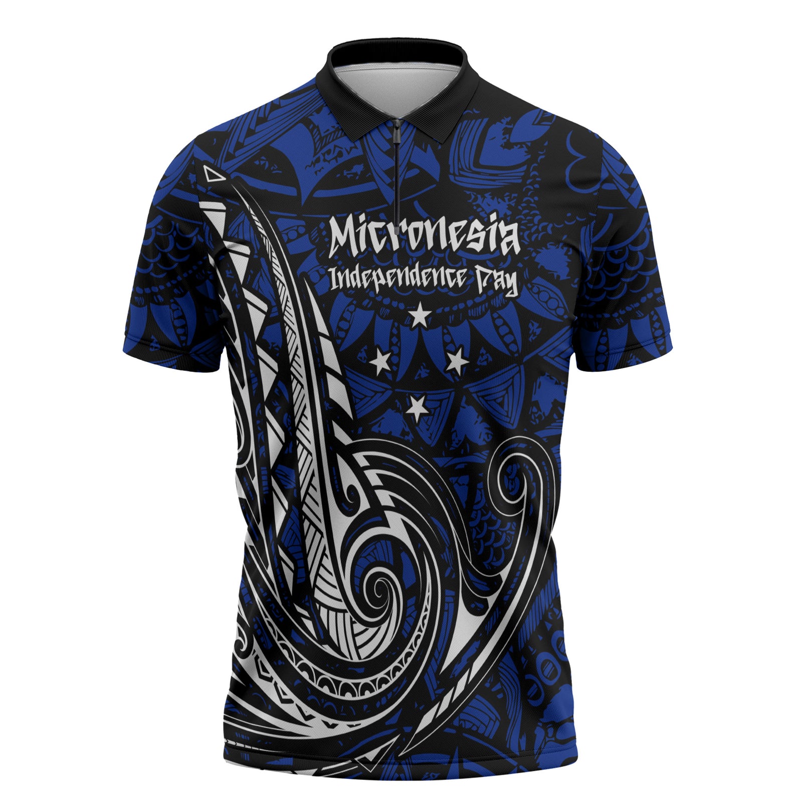 Micronesia Independence Day FSM Zipper Polo Shirt Tribal Tattoo Pattern Flag Seal Heritage