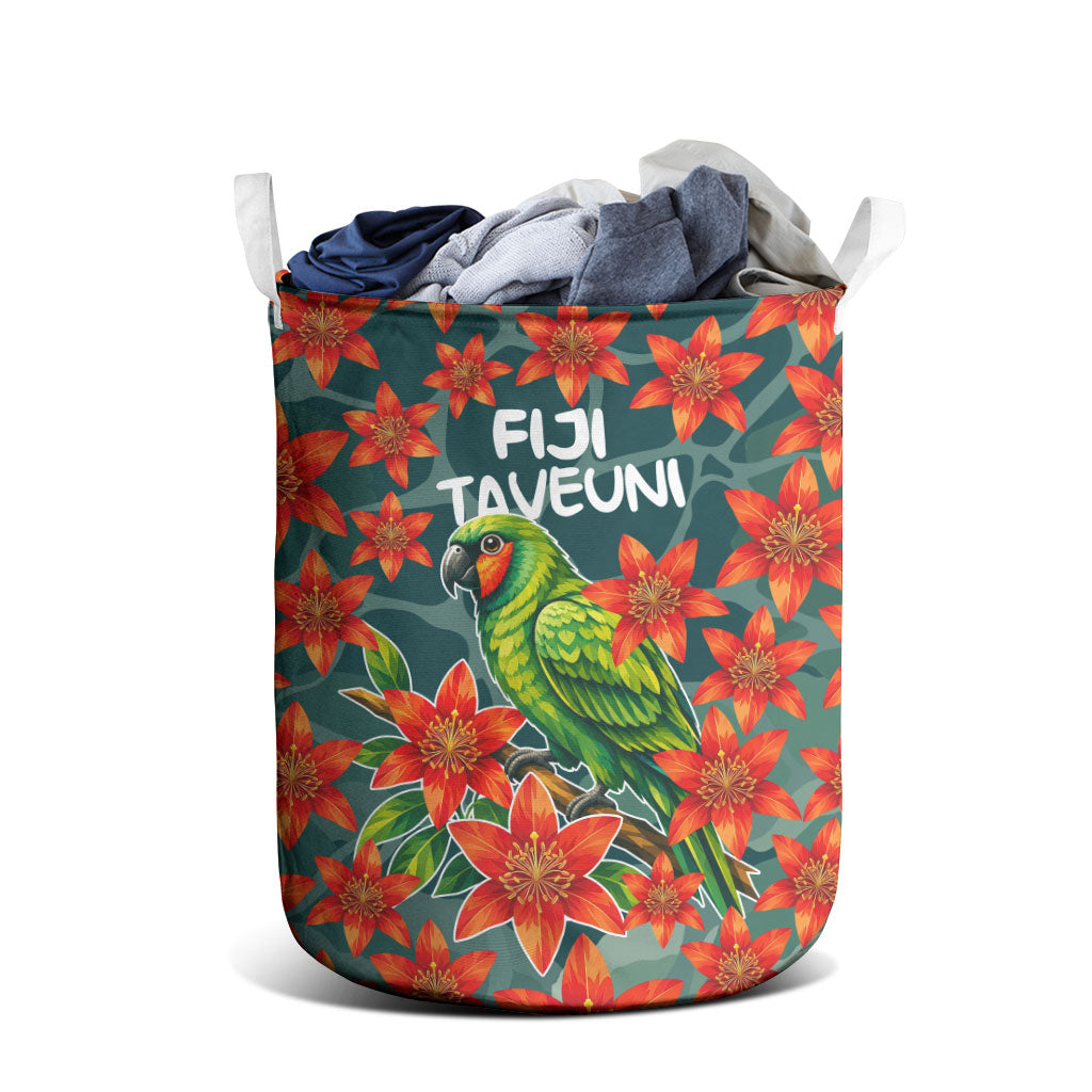 Fiji Taveuni Parrot Laundry Basket Tropical Waterfall Landscape With Floral Tribal Pattern