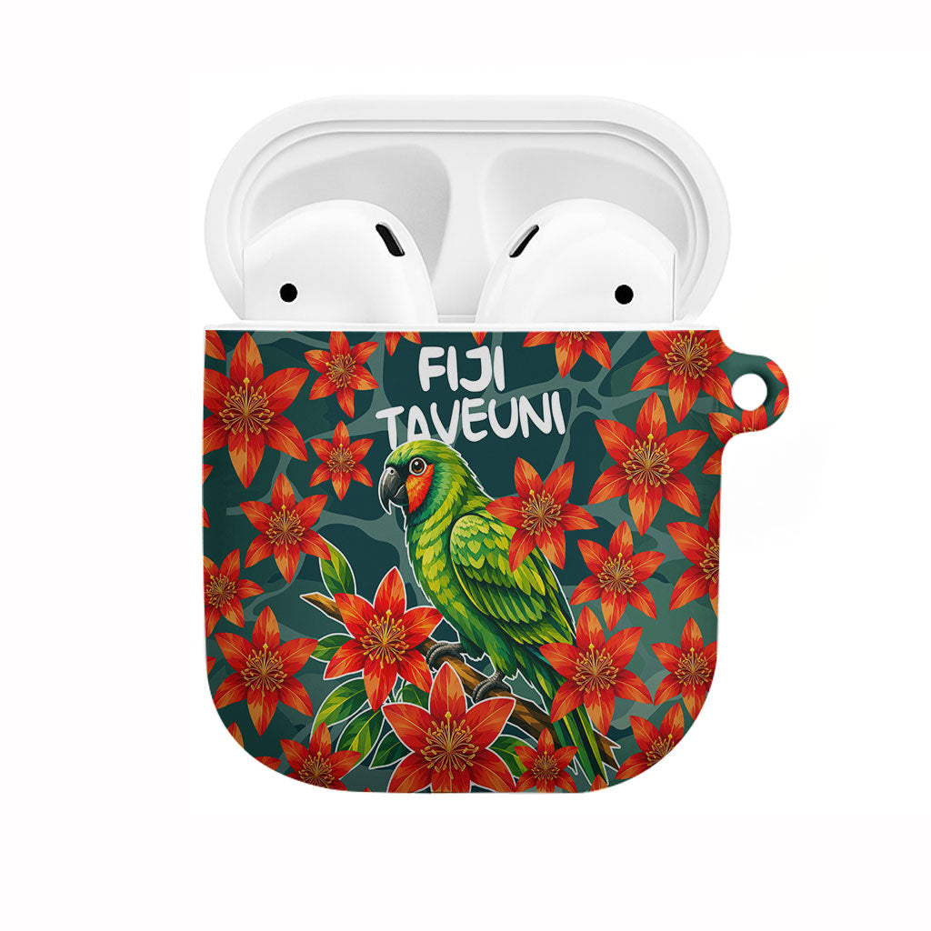 Fiji Taveuni Parrot AirPods Case Tropical Waterfall Landscape With Floral Tribal Pattern