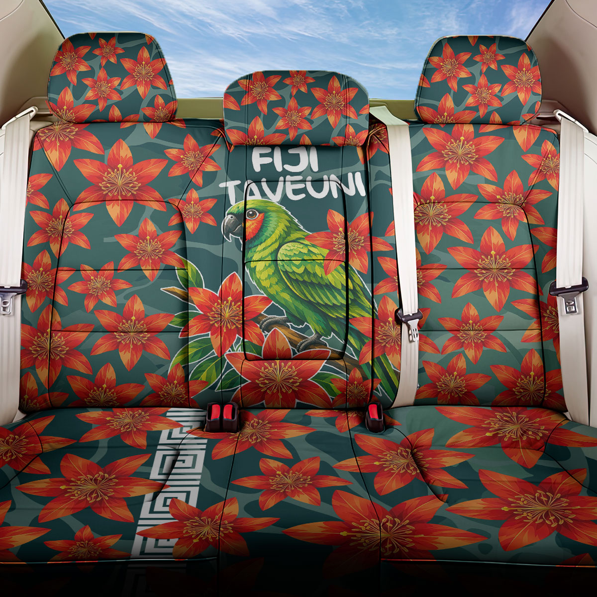 Fiji Taveuni Parrot Back Car Seat Cover Tropical Waterfall Landscape With Floral Tribal Pattern TS04 One Size Green Orange - Polynesian Pride