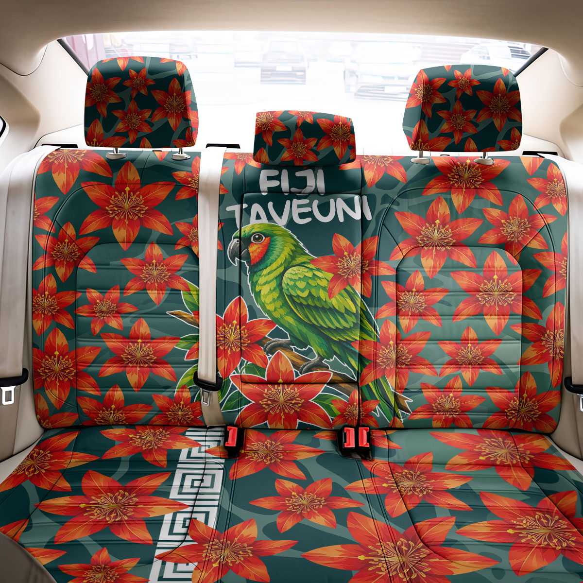 Fiji Taveuni Parrot Back Car Seat Cover Tropical Waterfall Landscape With Floral Tribal Pattern