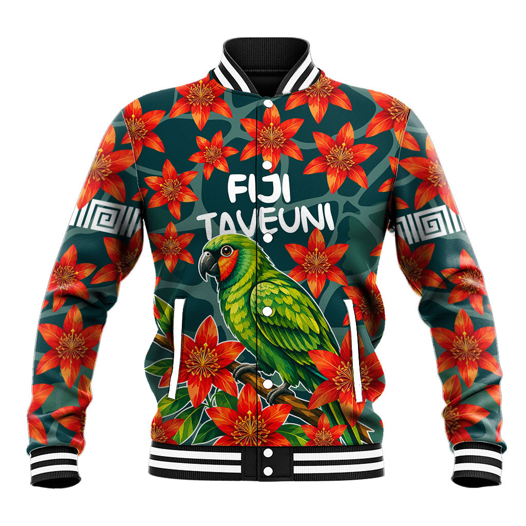 Fiji Taveuni Parrot Baseball Jacket Tropical Waterfall Landscape With Floral Tribal Pattern