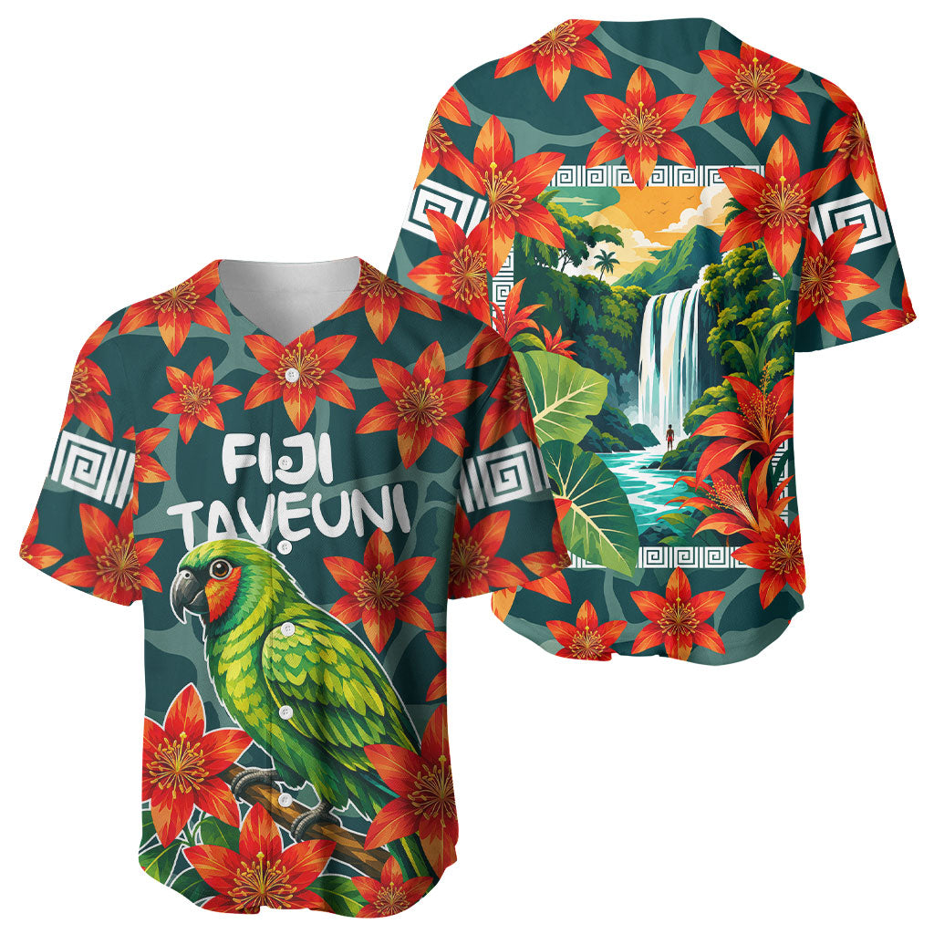 Fiji Taveuni Parrot Baseball Jersey Tropical Waterfall Landscape With Floral Tribal Pattern